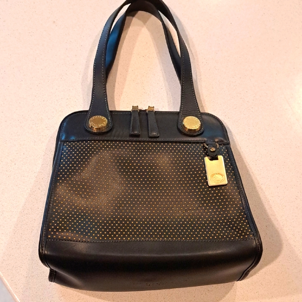 Dooney & Bourke Vintage Satchel Purse Cabrio Black Gold Perforated Leather Zip
